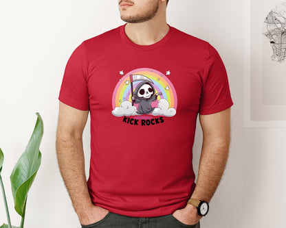 brand:Bella Canvas|color:Red|Kick Rocks Cute Grim Reaper Graphic T-Shirt
