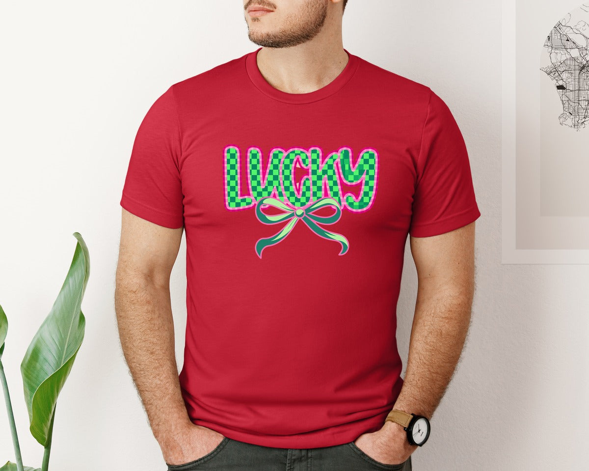 brand:Bella Canvas|color:Red|Lucky St Patricks Day Aesthetic Graphic T-Shirt