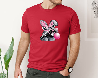 brand:Bella Canvas|color:Red|Cute Raccoon With Glasses Bubble Gum 6 Graphic T-Shirt