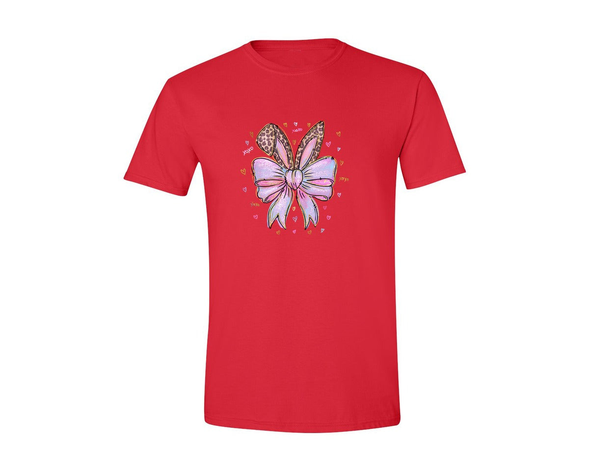brand:Generic|color:Red|Leopard Bunny Ears Pink Blue Bow Graphic T-Shirt
