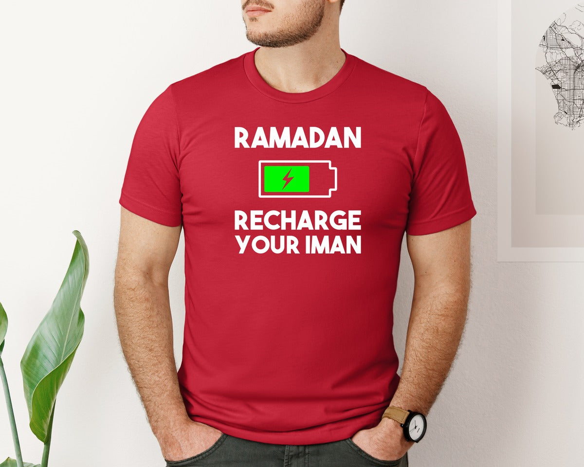 brand:Bella Canvas|color:Red|Ramadan Recharge Your Iman Muslim Motiv Graphic T-Shirt