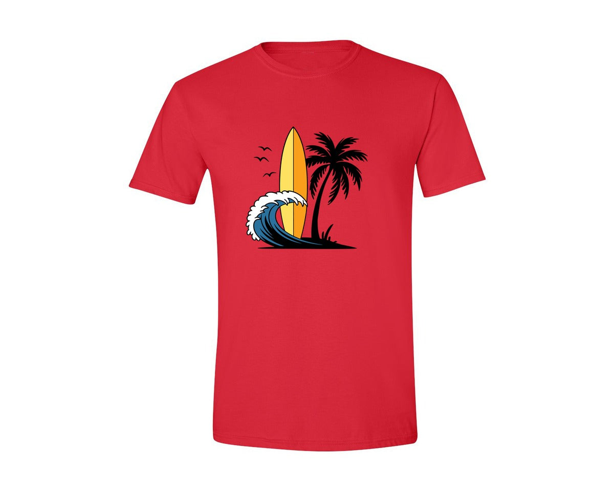 brand:Generic|color:Red|Surfboard With Ocean Wave And Palm Tree Graphic T-Shirt