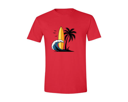 brand:Generic|color:Red|Surfboard With Ocean Wave And Palm Tree Graphic T-Shirt