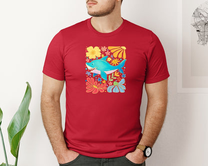 brand:Bella Canvas|color:Red|Boho Summer Shark Floral Summer Graphic T-Shirt
