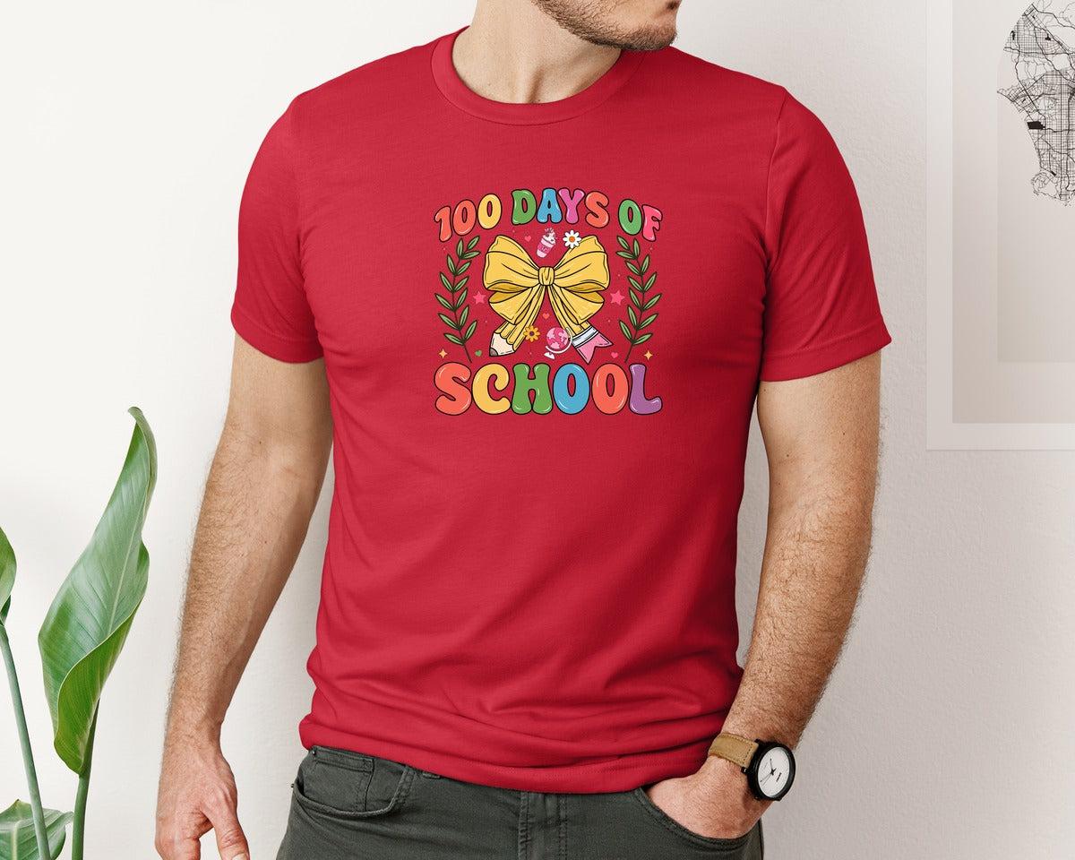 brand:Bella Canvas|color:Red|100 Days Of School Coquette 38 Graphic T-Shirt