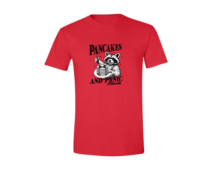 brand:Generic|color:Red|Mental Health Raccoon Pancakes And Panic Graphic T-Shirt