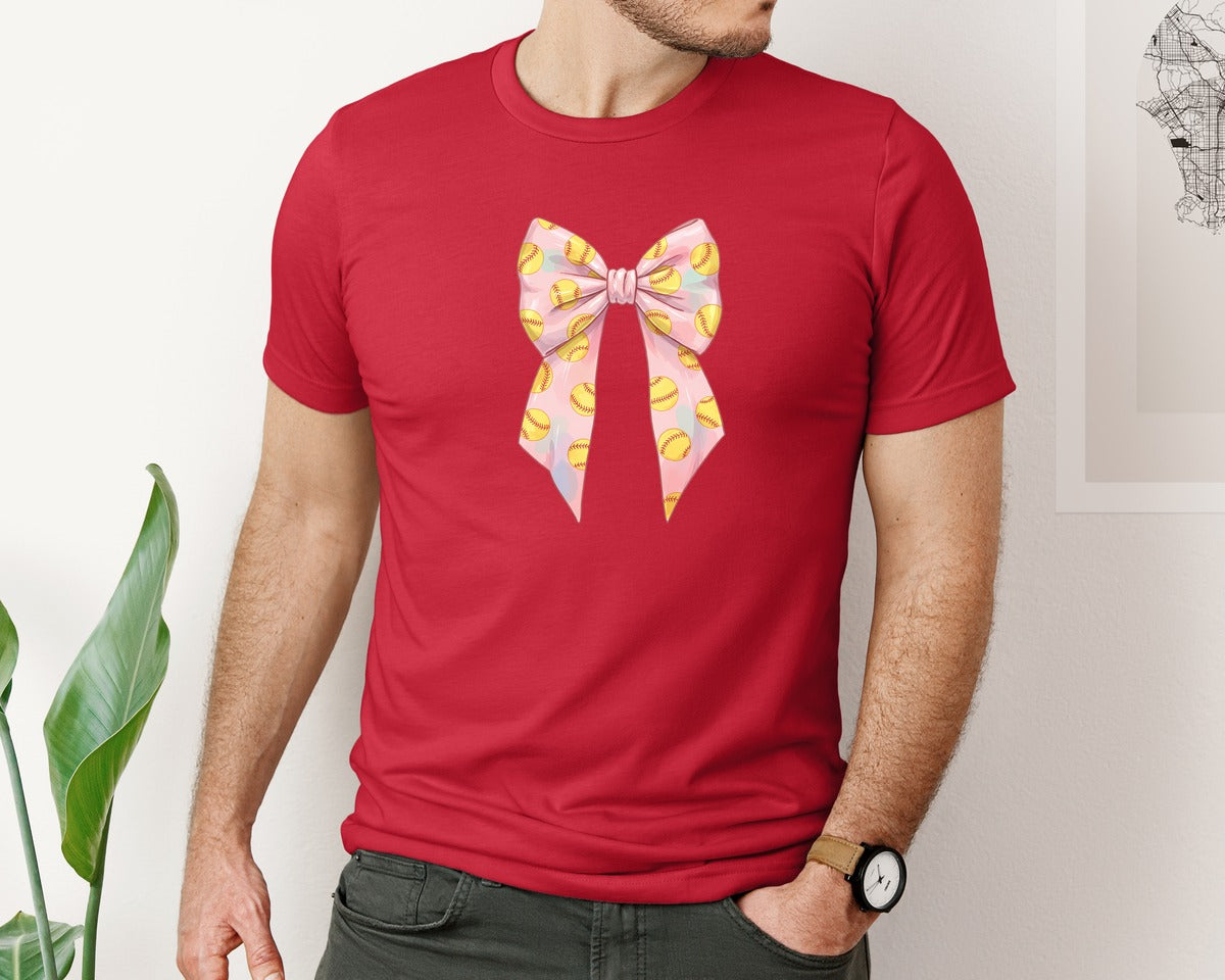 brand:Bella Canvas|color:Red|Softball Bow Graphic T-Shirt