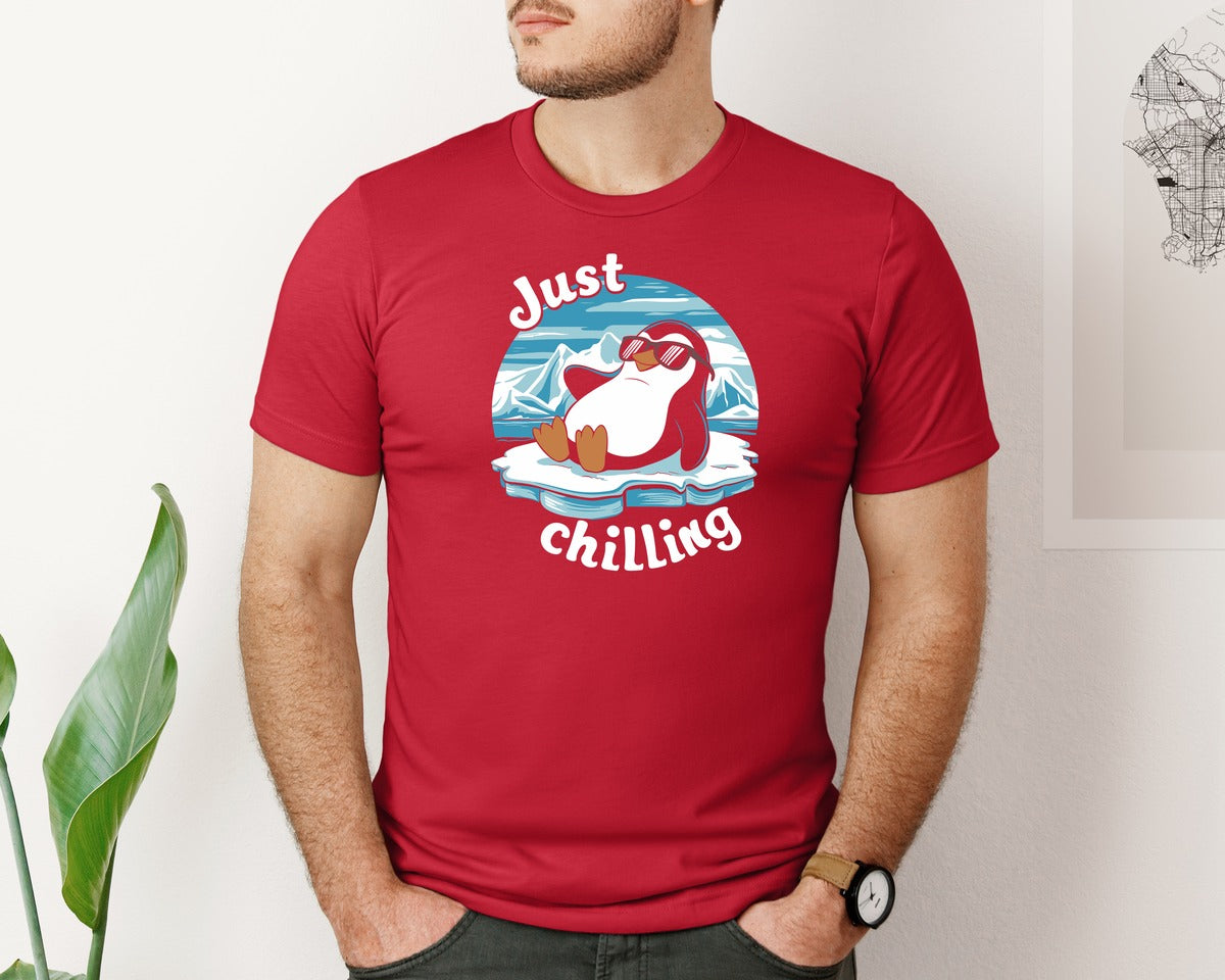 brand:Bella Canvas|color:Red|Just Chilling Penguin Pun Relaxed Vibes Graphic T-Shirt