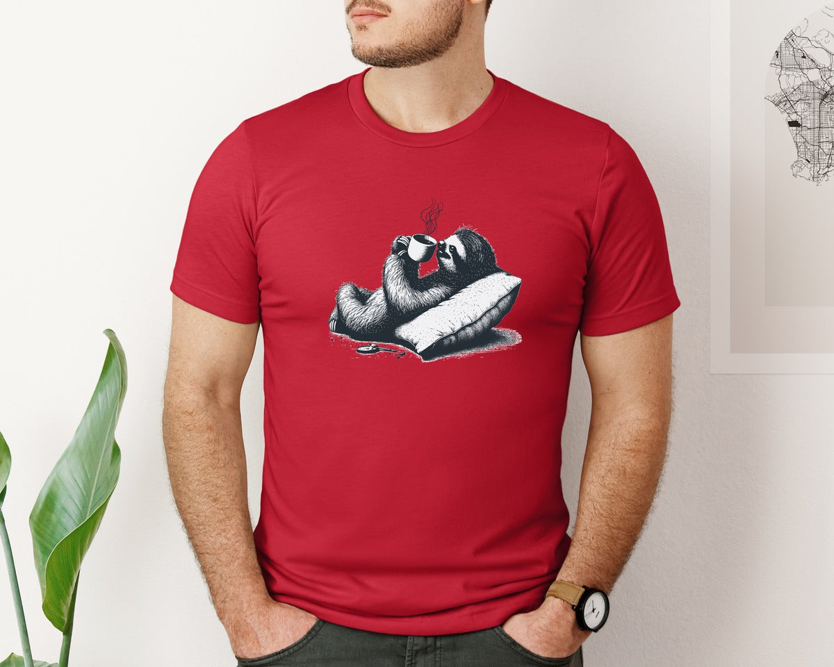 brand:Bella Canvas|color:Red|Sloth Lying And Drink Coffee Shirt Graphic T-Shirt