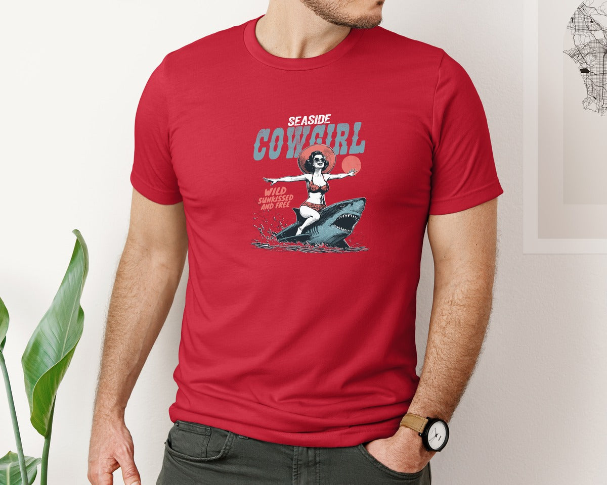 brand:Bella Canvas|color:Red|Seaside Cowgirl Retro Summer Shirt Graphic T-Shirt