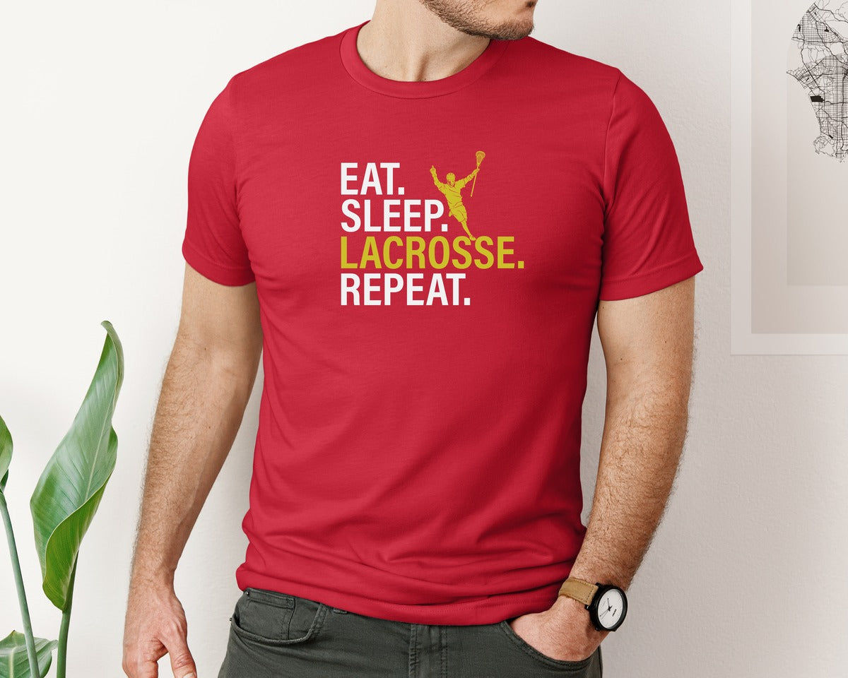 brand:Bella Canvas|color:Red|Eat Sleep Lacrosse Repeat Sports Team Graphic T-Shirt