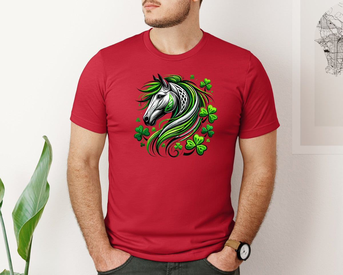 brand:Bella Canvas|color:Red|St Patricks Day Horse Lucky Graphic T-Shirt