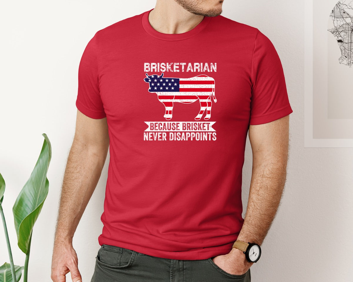 brand:Bella Canvas|color:Red|Brisketarian Usa Flag Bbq Grilling Graphic T-Shirt