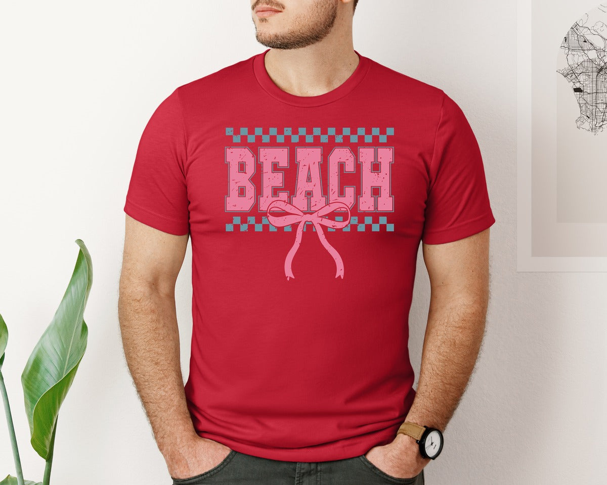 brand:Bella Canvas|color:Red|Beach Checkered Bow Summer Vacation Graphic T-Shirt