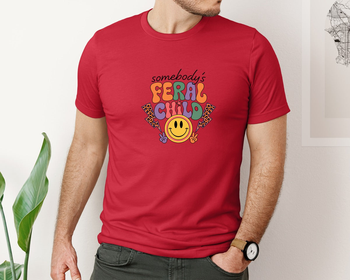 brand:Bella Canvas|color:Red|Somebodys Feral Child Funny Summer Graphic T-Shirt