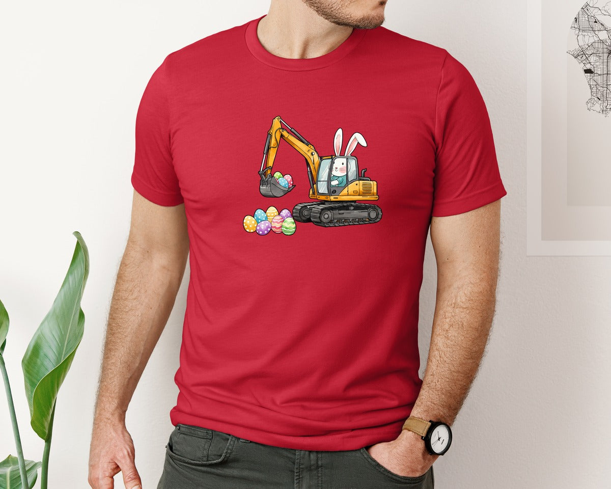 brand:Bella Canvas|color:Red|Bunny Easter Excavator Graphic T-Shirt