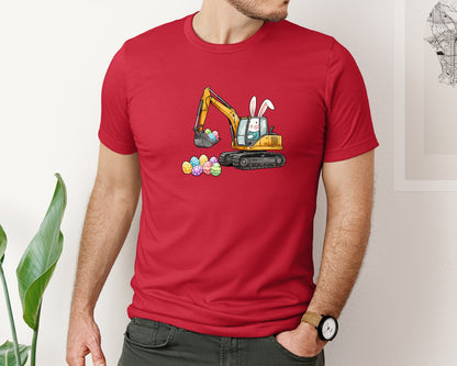 brand:Bella Canvas|color:Red|Bunny Easter Excavator Graphic T-Shirt