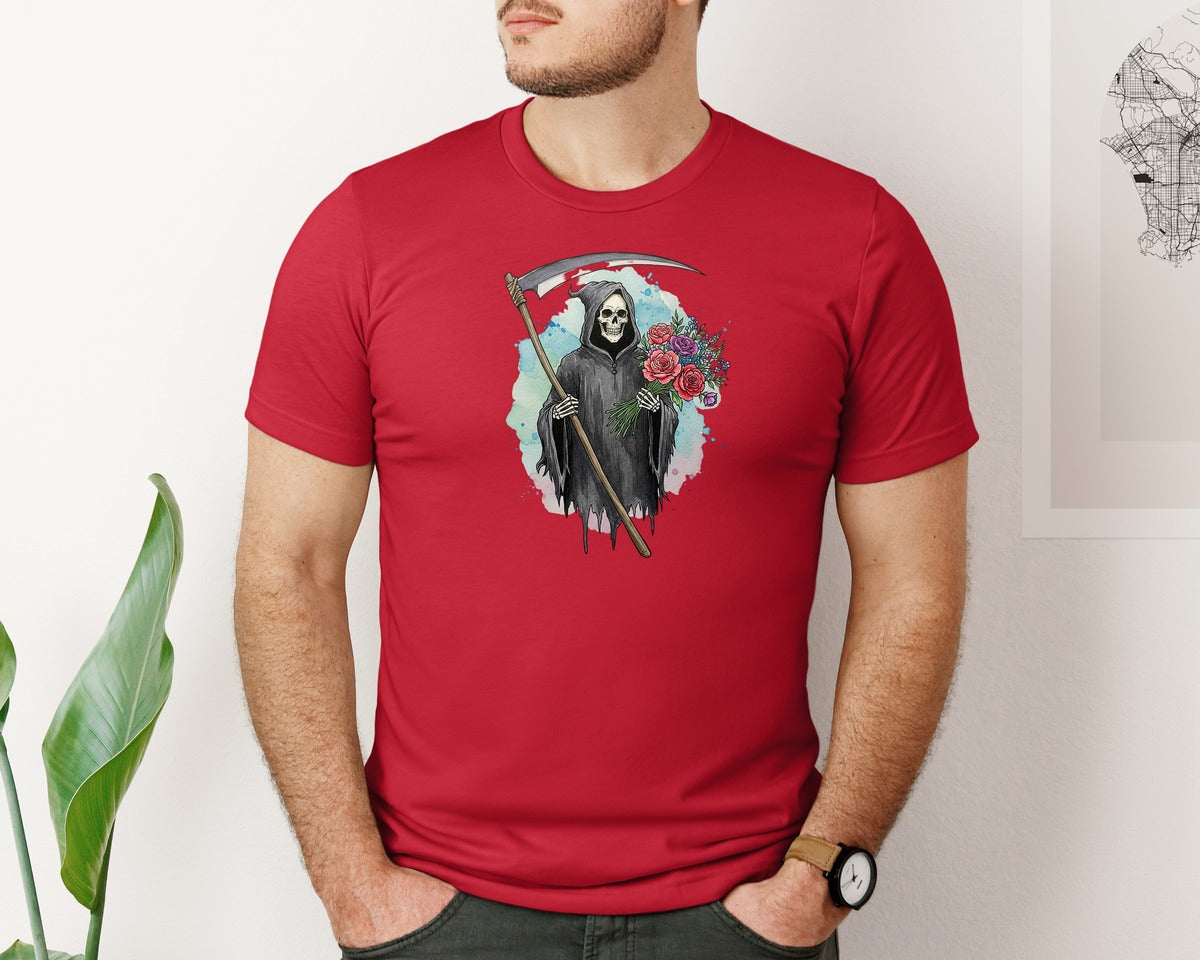 brand:Bella Canvas|color:Red|Grim Reaper With Flowers Gothic Graphic T-Shirt