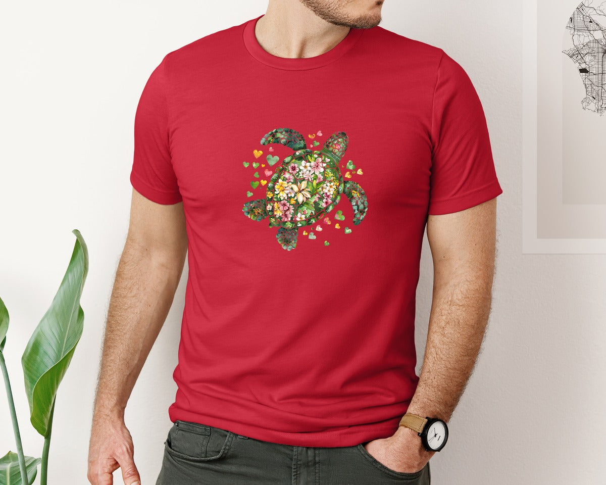 brand:Bella Canvas|color:Red|Blossom Sea Turtle Summer Graphic T-Shirt