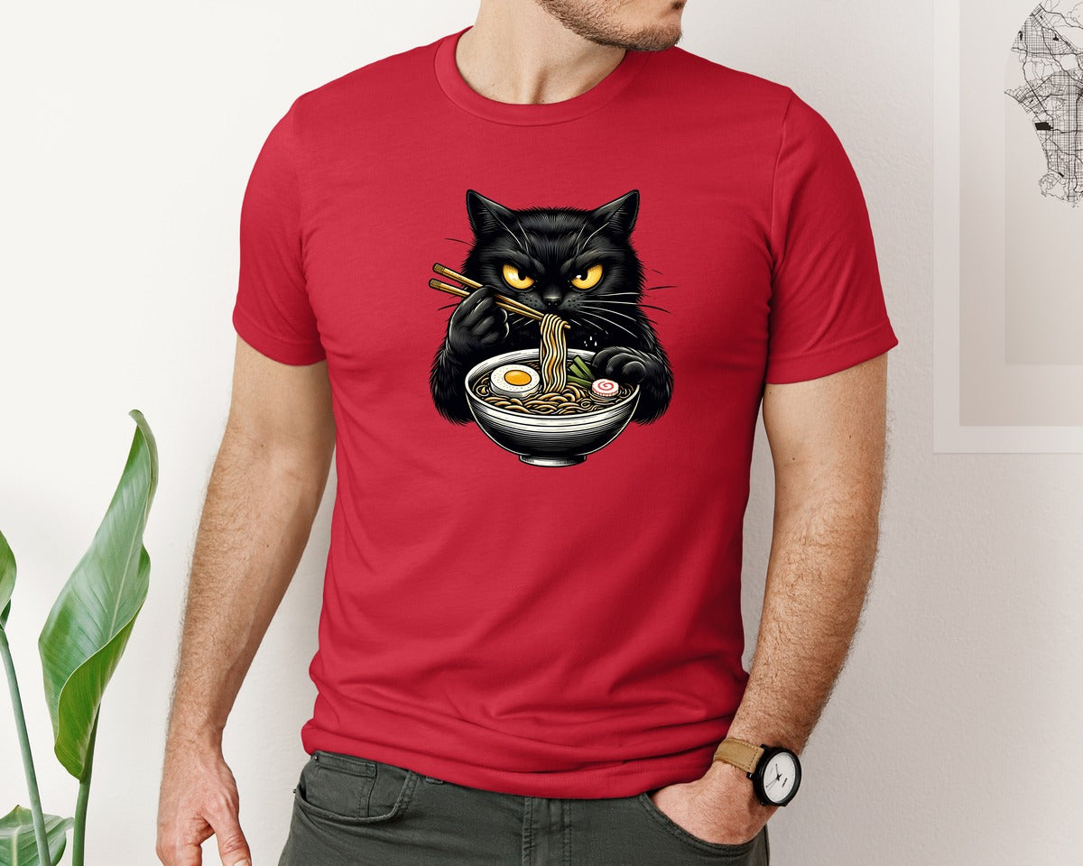 brand:Bella Canvas|color:Red|Cute Black Cat Eating Ramen Noodle 3 Graphic T-Shirt