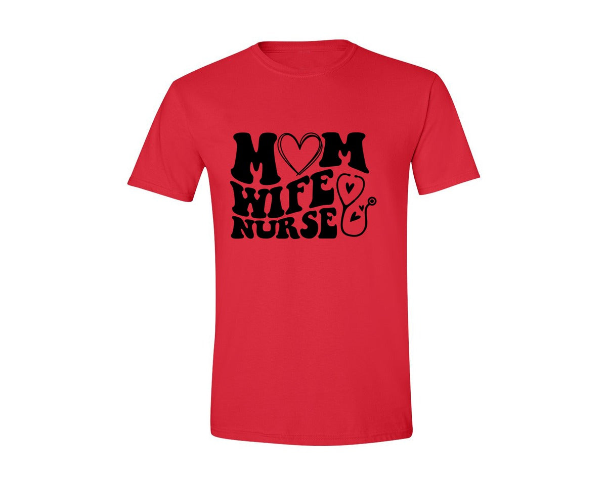 brand:Generic|color:Red|Mom Wife Nurse Wavy Graphic T-Shirt