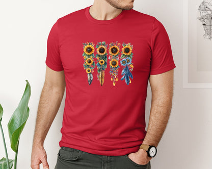 brand:Bella Canvas|color:Red|Boho Wildflowers Feathers Flowers Graphic T-Shirt