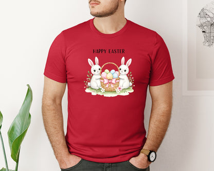 brand:Bella Canvas|color:Red|Happy Easter Bunnies With Basket Cu Graphic T-Shirt
