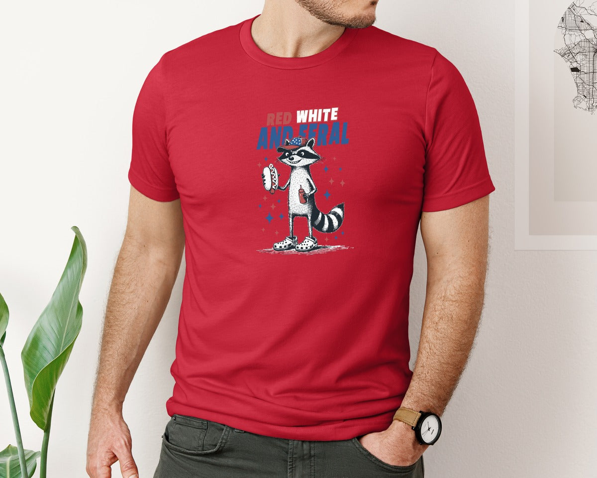 brand:Bella Canvas|color:Red|Red White And Feral Raccoon Shirt Pn Graphic T-Shirt