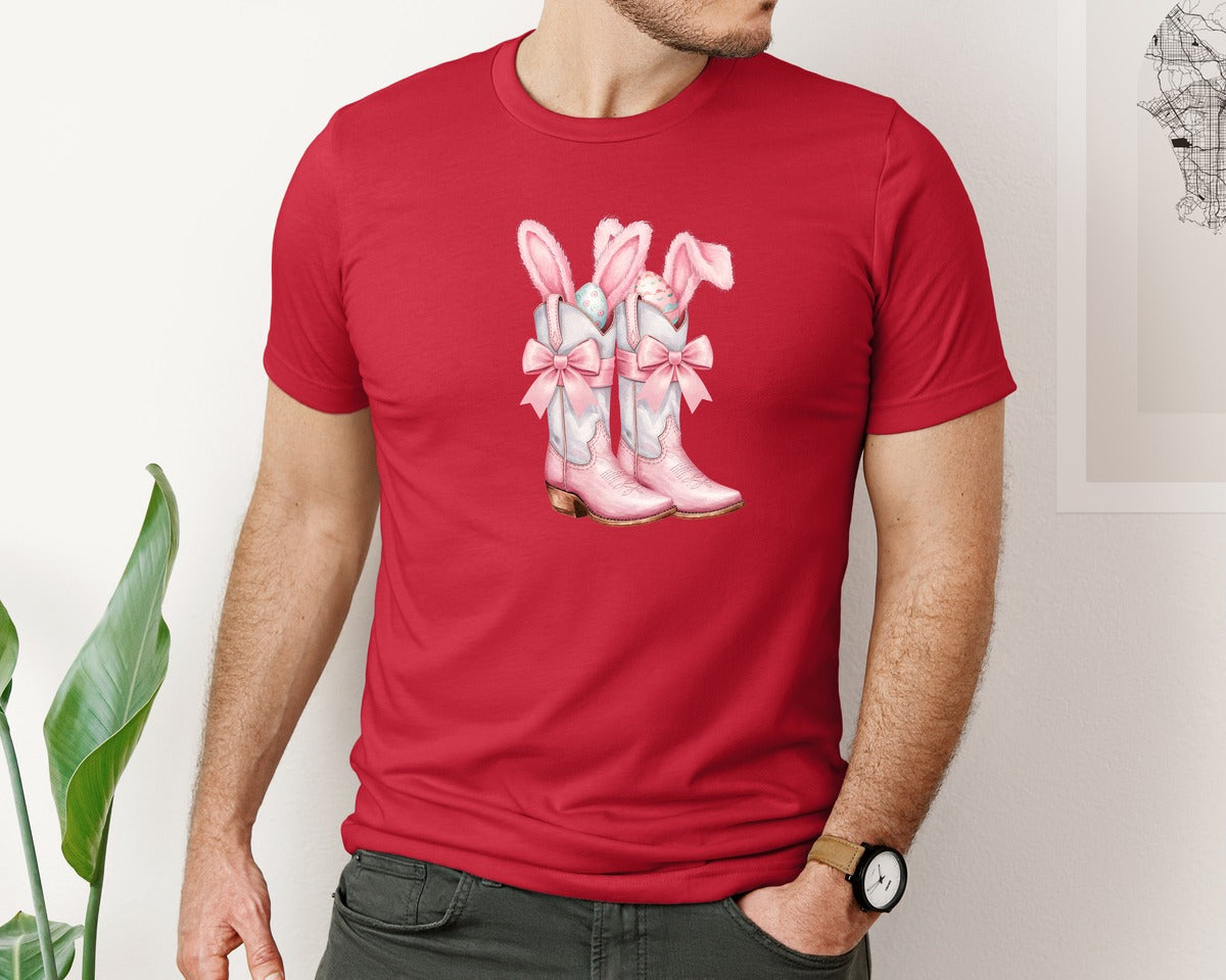 brand:Bella Canvas|color:Red|Howdy Western Easter Bunny Cowboy Boots Graphic T-Shirt
