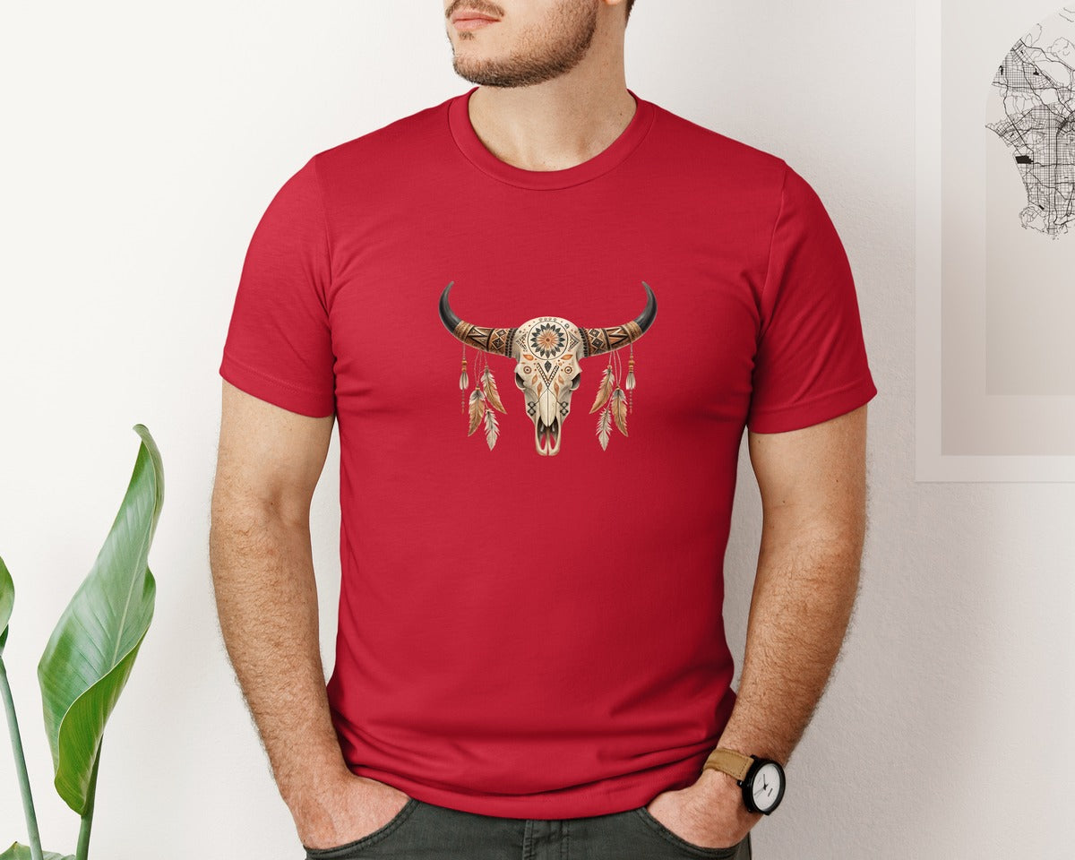 brand:Bella Canvas|color:Red|Western Bull Skull Aztec Boho Longhorn 2 Graphic T-Shirt