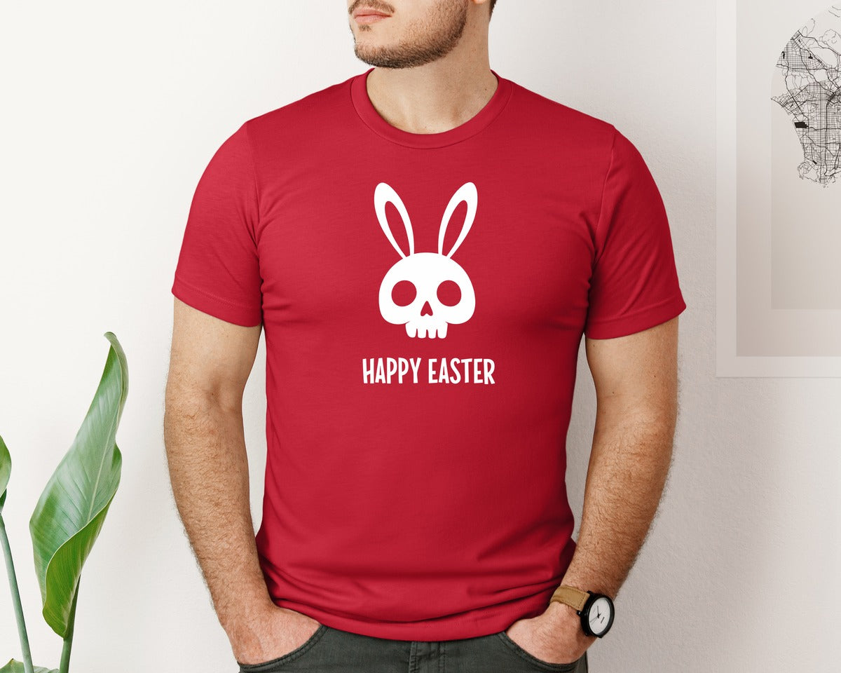 brand:Bella Canvas|color:Red|Gothic Creepy Easter Bunny Skull Irony Graphic T-Shirt