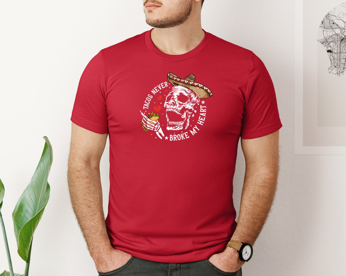 brand:Bella Canvas|color:Red|Tacos Never Broke My Heart Skeleton Graphic T-Shirt