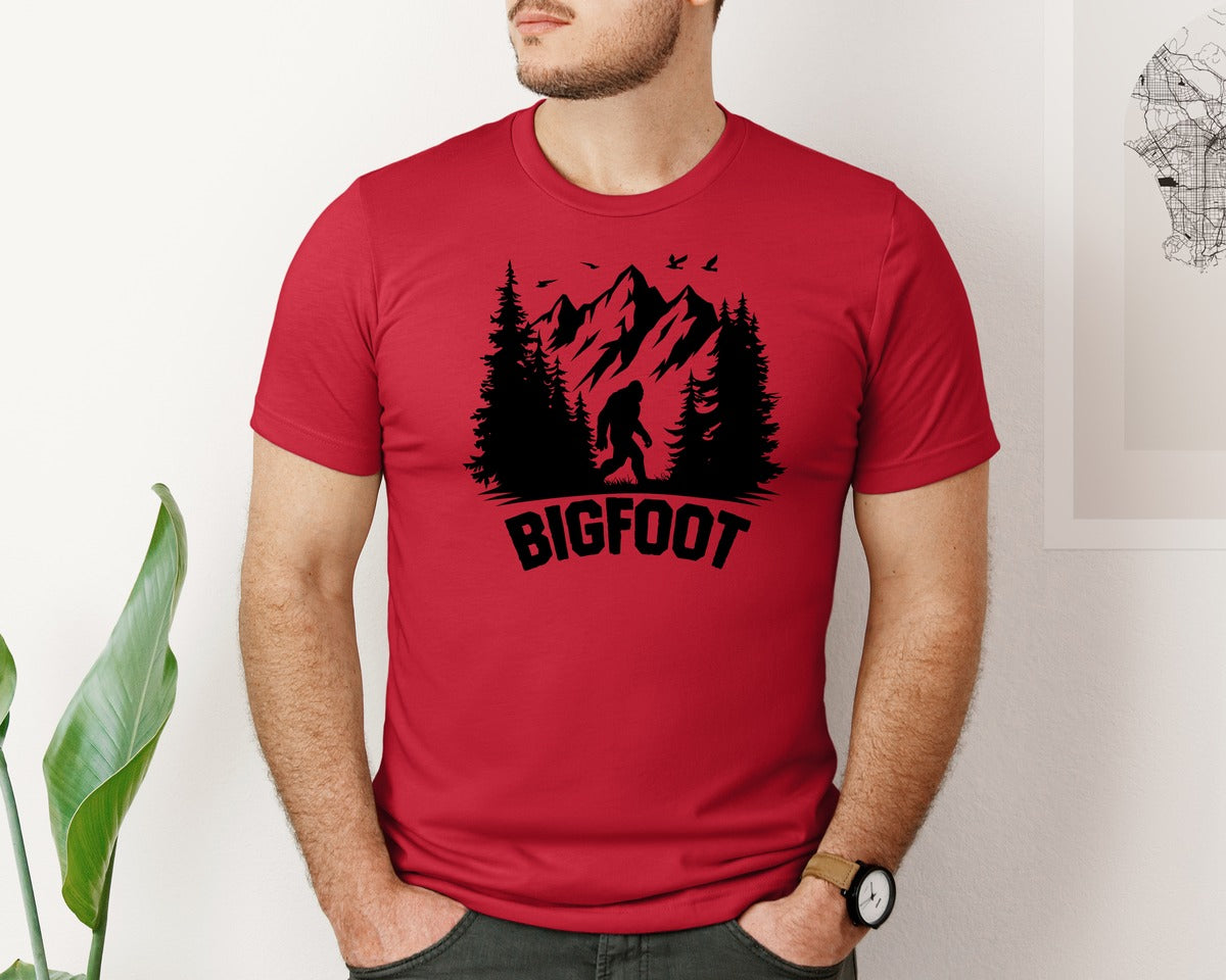 brand:Bella Canvas|color:Red|Retro Bigfoot Silhouette Pixel Art Graphic T-Shirt