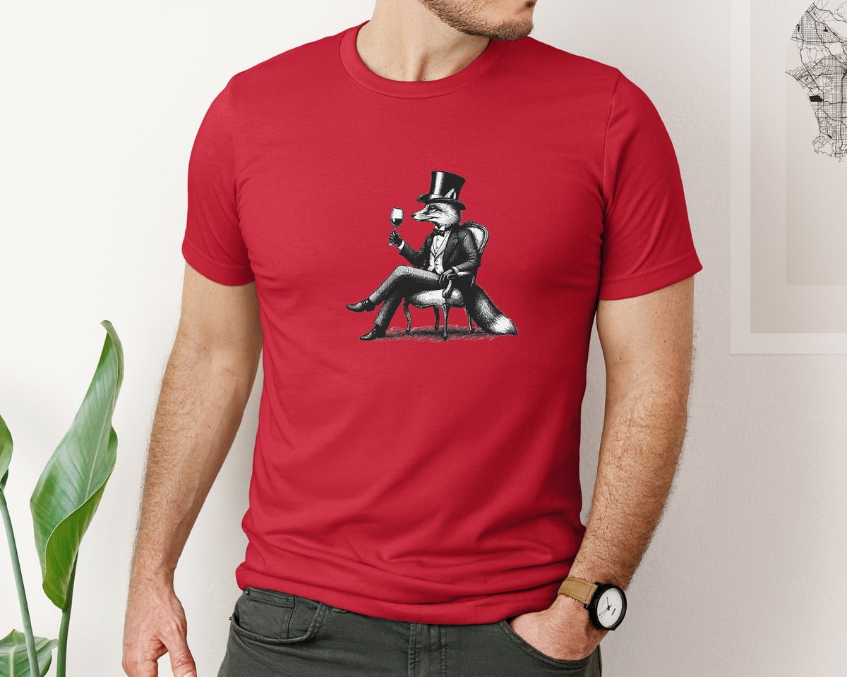 brand:Bella Canvas|color:Red|Fox Drink Wine Retro Vintage Shirt Graphic T-Shirt