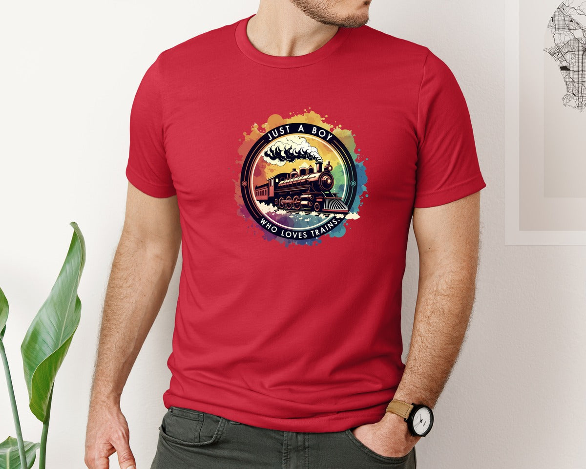 brand:Bella Canvas|color:Red|Just A Boy Who Loves Trains Graphic T-Shirt