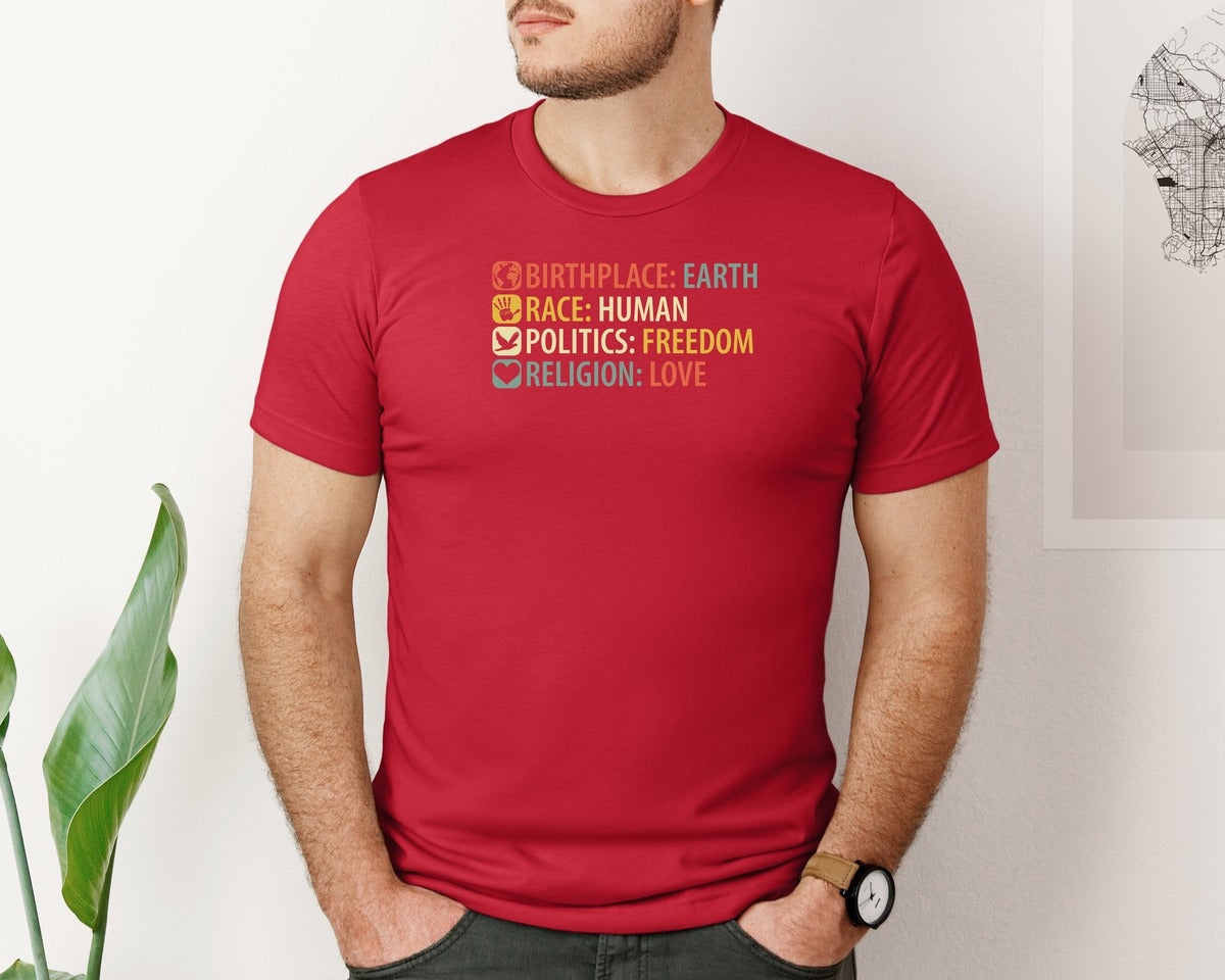 brand:Bella Canvas|color:Red|Birthplace Earth Race Human Politics Fre Graphic T-Shirt
