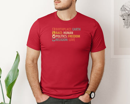 brand:Bella Canvas|color:Red|Birthplace Earth Race Human Politics Fre Graphic T-Shirt