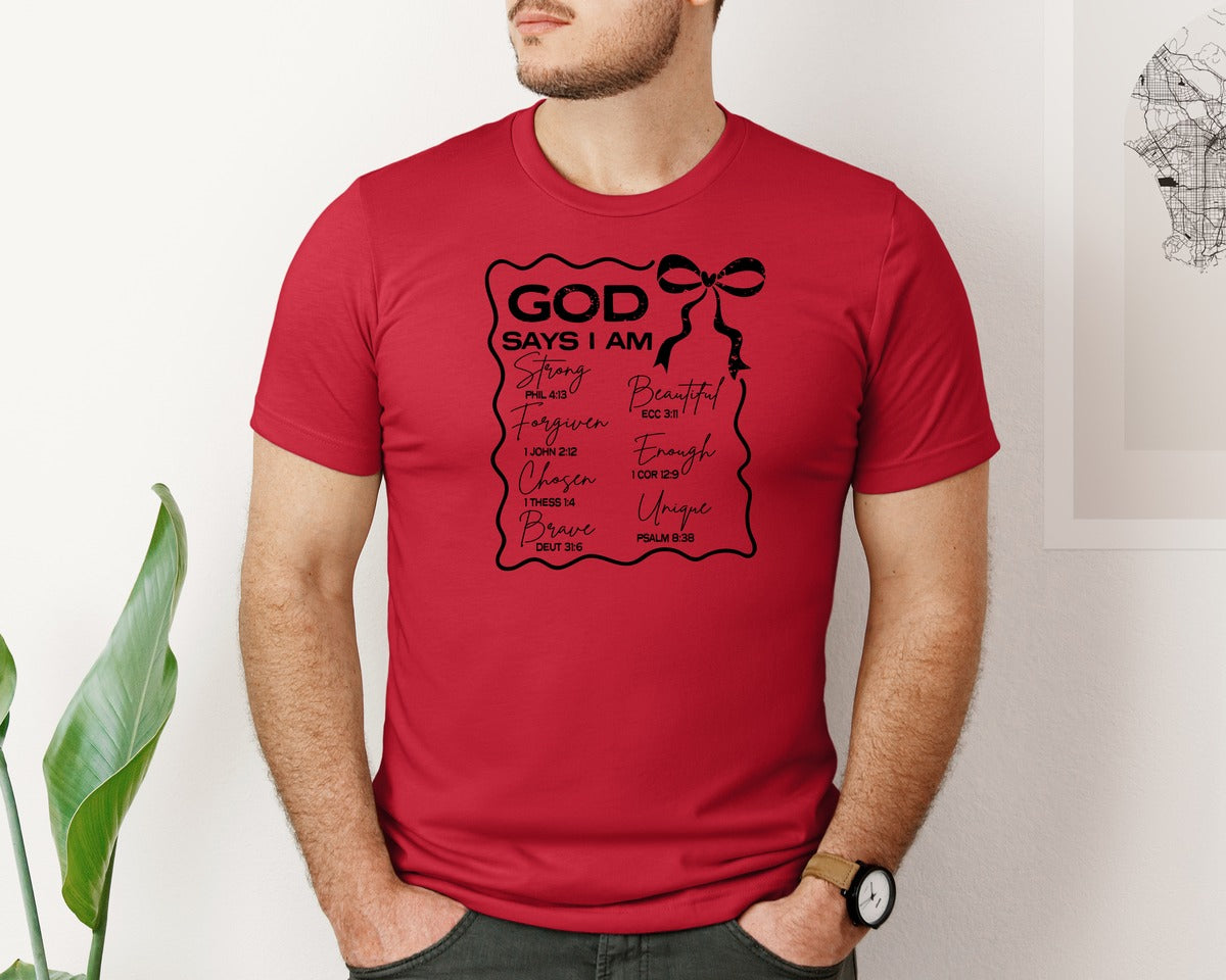 brand:Bella Canvas|color:Red|God Says I Am Coquette Christian Graphic T-Shirt