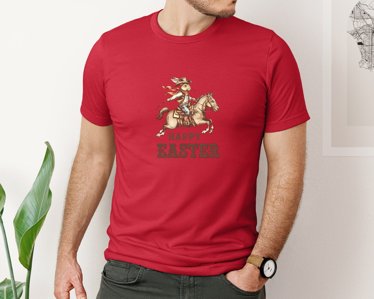 brand:Bella Canvas|color:Red|Happy Easter Western Cowboy Bunny Ostern 2 Graphic T-Shirt