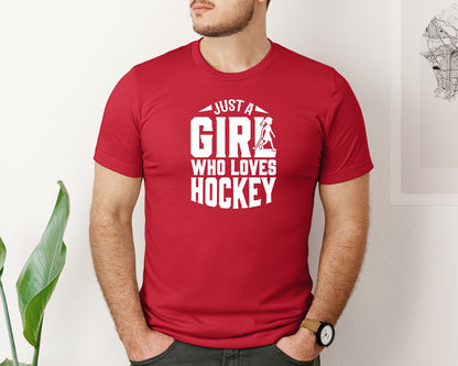 brand:Bella Canvas|color:Red|Girl Who Loves Hockey Hockey Graphic T-Shirt