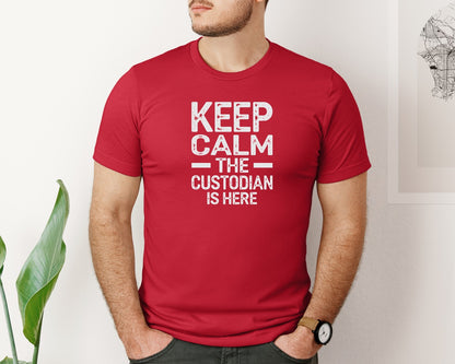 brand:Bella Canvas|color:Red|Keep Calm Custodian Here Graphic T-Shirt
