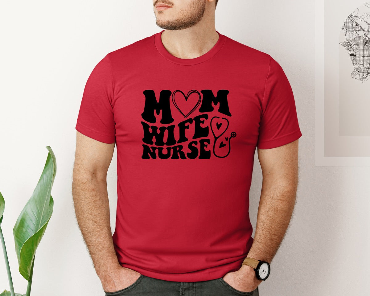 brand:Bella Canvas|color:Red|Mom Wife Nurse Wavy Graphic T-Shirt