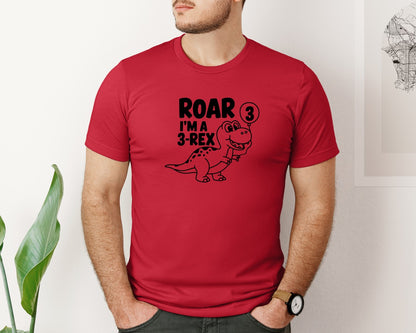 brand:Bella Canvas|color:Red|3 Rex Dinosaur Birthday Graphic T-Shirt