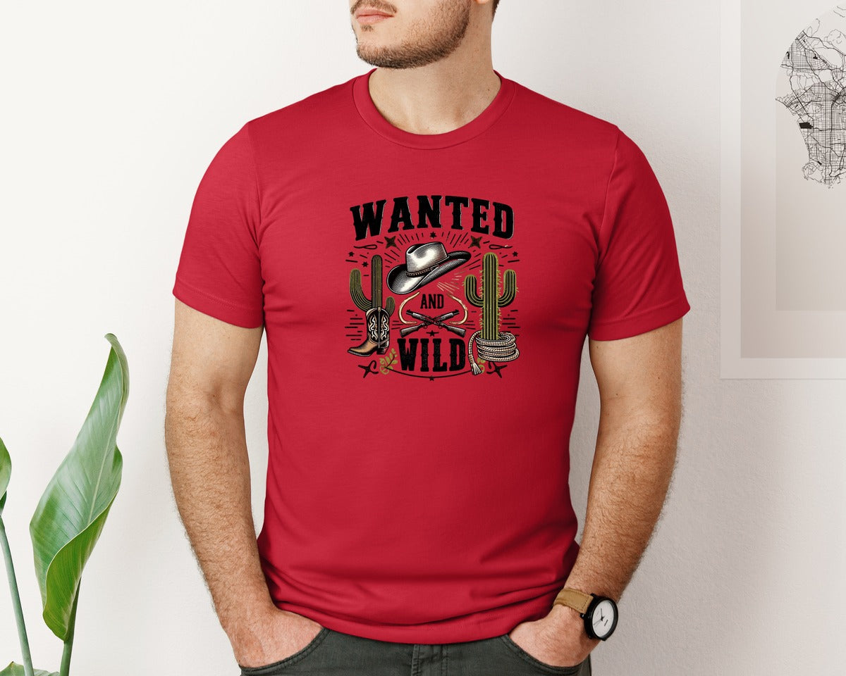 brand:Bella Canvas|color:Red|Western Wanted And Wild T Shirt Graphic T-Shirt