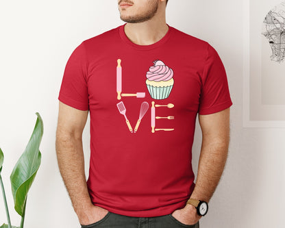 brand:Bella Canvas|color:Red|Baking Love Cupcake Whisk Spatula Graphic T-Shirt