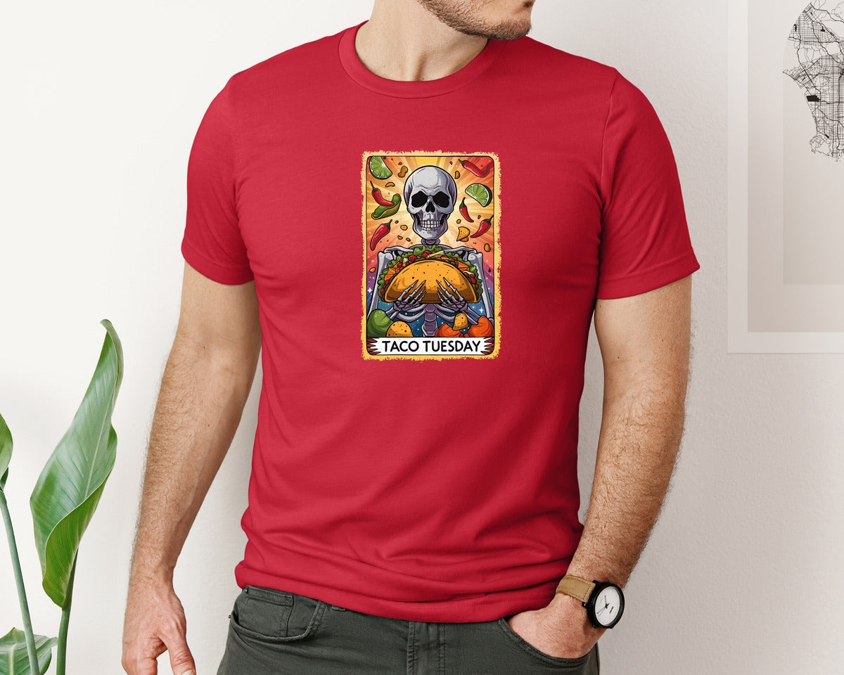 brand:Bella Canvas|color:Red|Skeleton Tarot Card Cinco De Mayo Tshirt Graphic T-Shirt