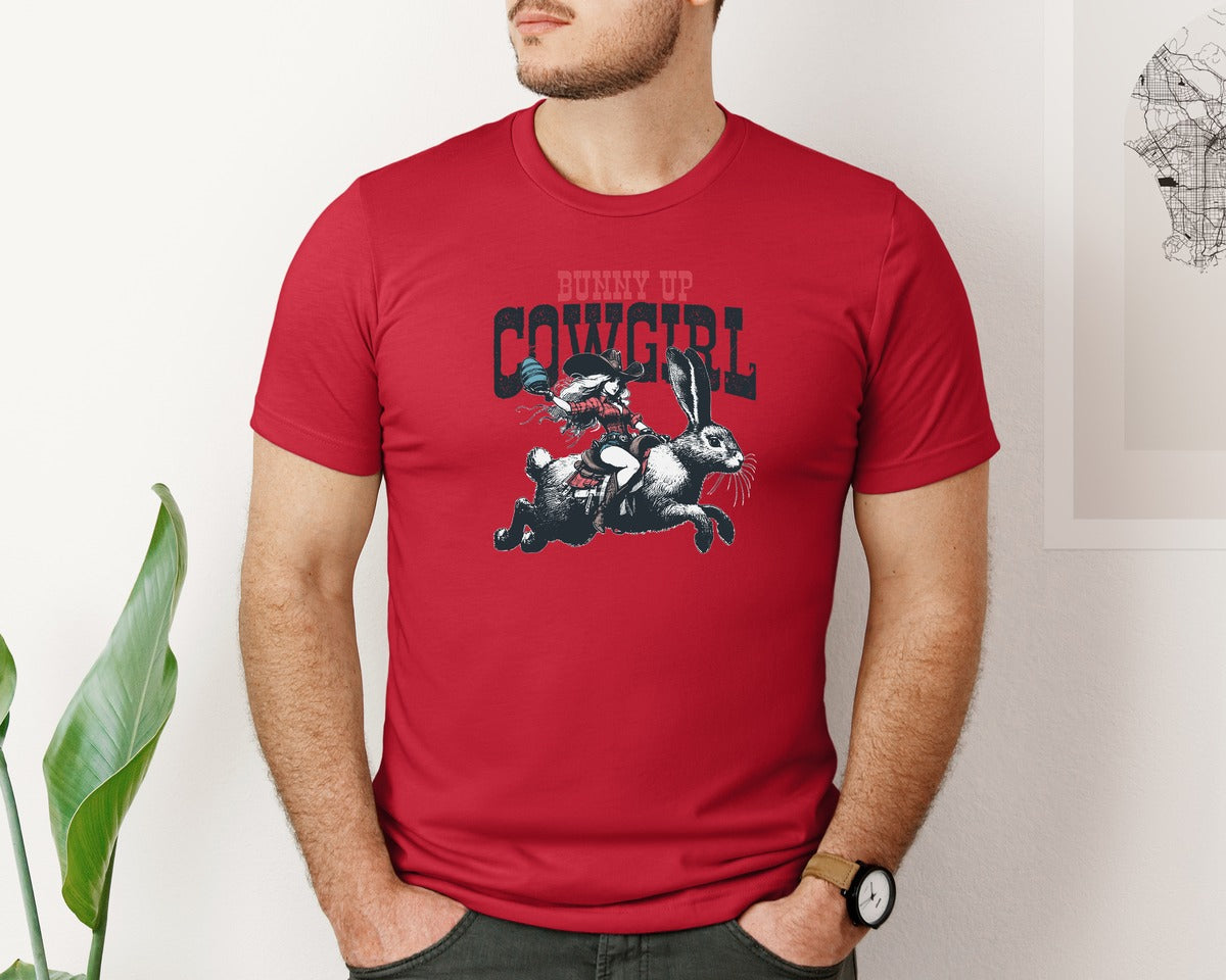 brand:Bella Canvas|color:Red|Bunny Up Cowgirl Easter Egg Shirt Graphic T-Shirt