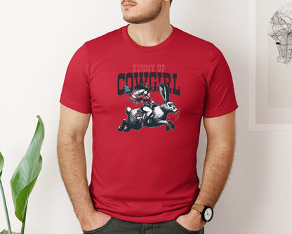 brand:Bella Canvas|color:Red|Bunny Up Cowgirl Easter Egg Shirt Graphic T-Shirt