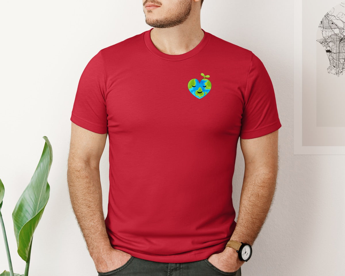 brand:Bella Canvas|color:Red|Love Heart Earth Globe Pocket Design Graphic T-Shirt
