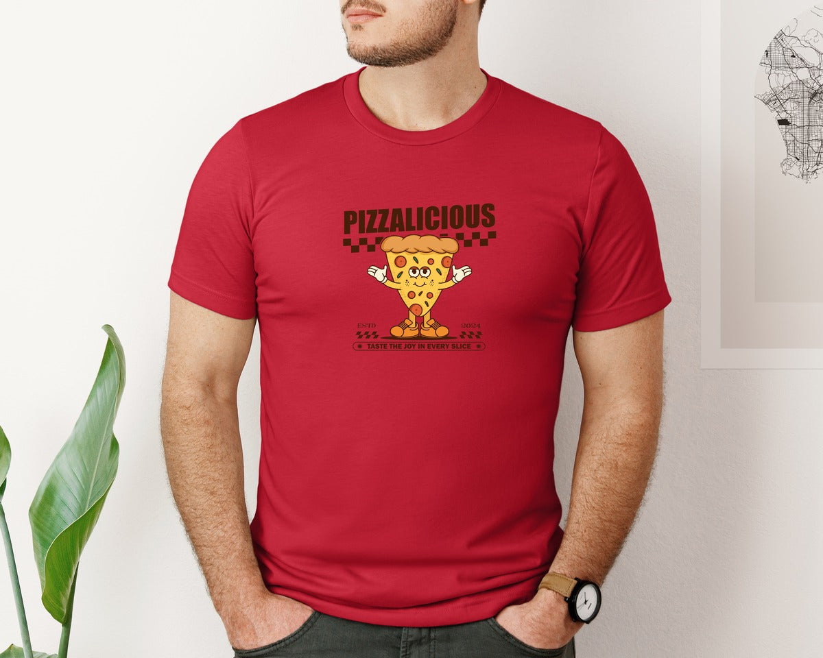 brand:Bella Canvas|color:Red|Vintage Slice Pizza Cartoon Character Graphic T-Shirt